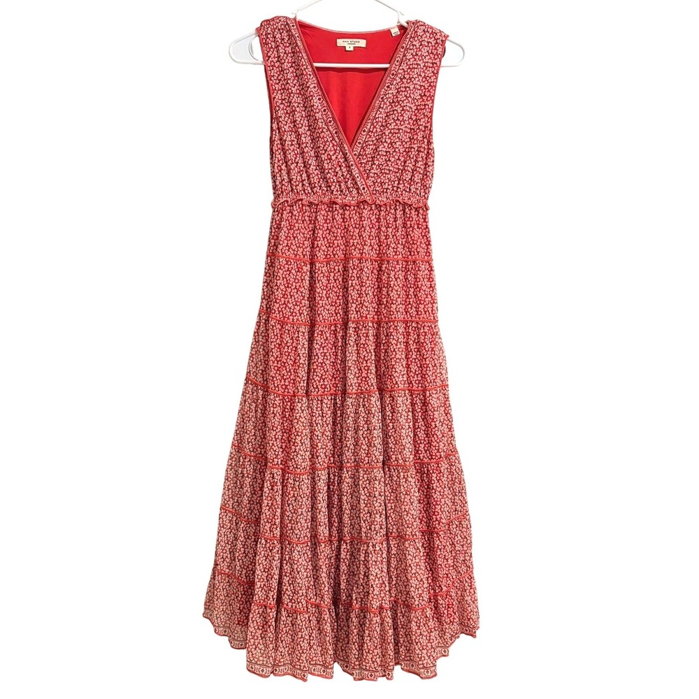 Max Studio London Red Floral Tiered Maxi Dress Sleeveless V-Neck SMALL